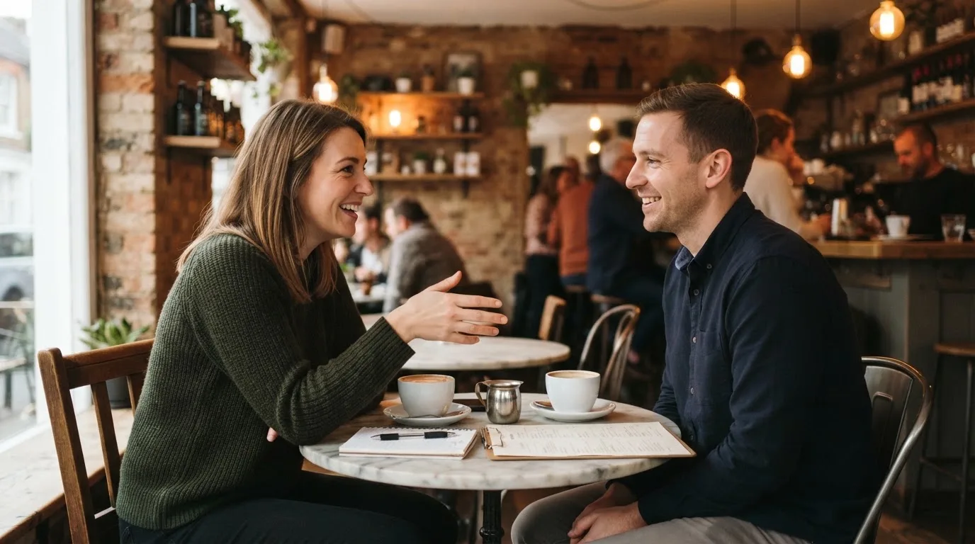 Zwei Personen sitzen an einem Cafétisch und lächeln über ein gemeinsames Gespräch.