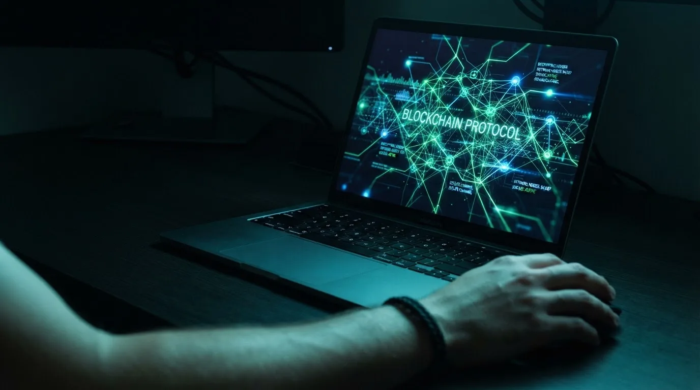 Nahaufnahme eines Laptop-Bildschirms mit abstrakten, leuchtenden Netzwerklinien in einem dunklen Raum.