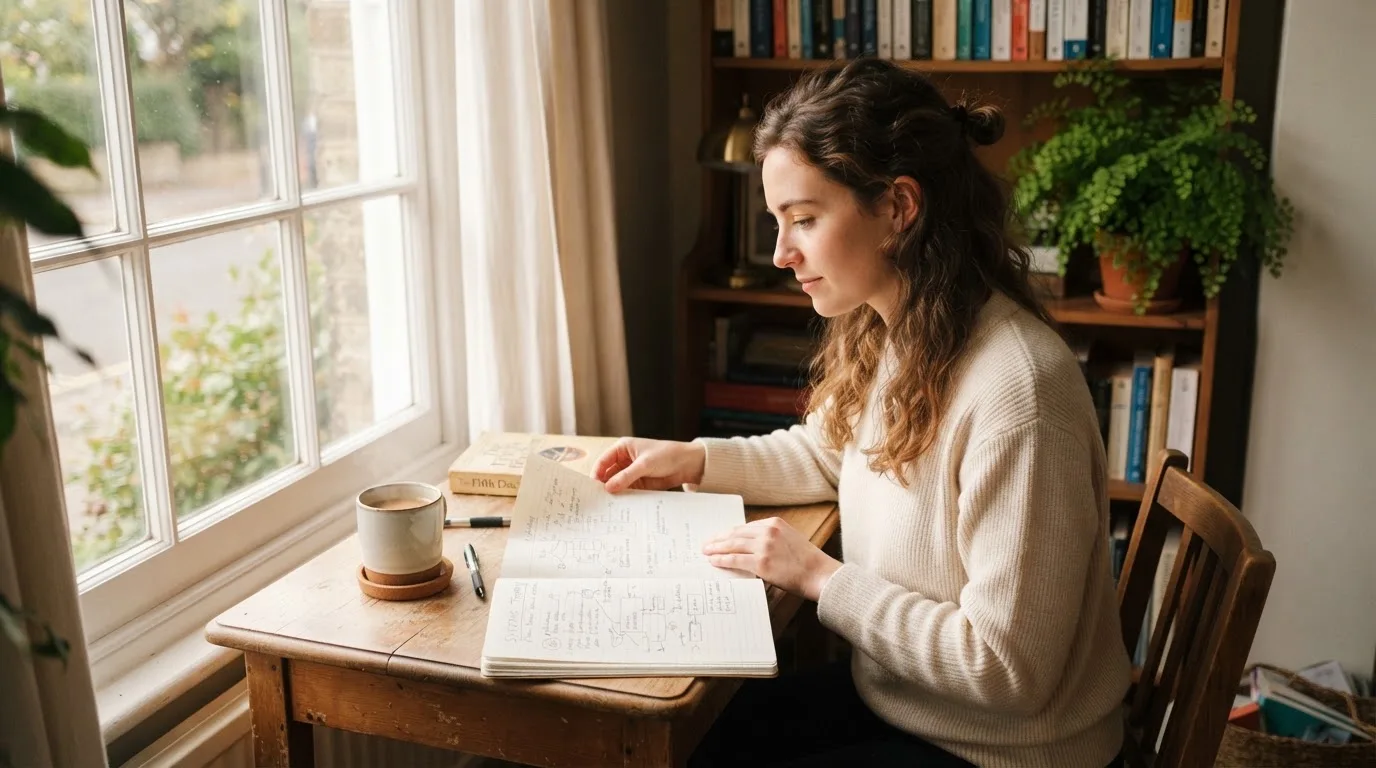 Eine junge Frau blättert entspannt in einem Notizbuch neben einer Tasse Kaffee.